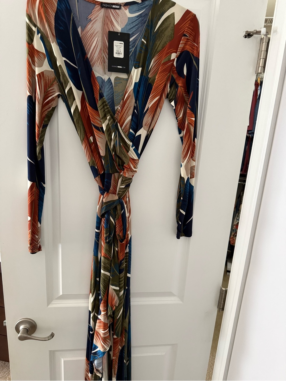 Fashion Nova Navy, Rust & Olive Leaf-Print Wrap Maxi Dress